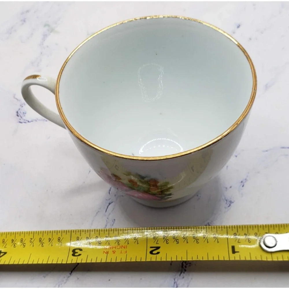 Vintage Porcelain Tea Cup and Saucer White w/Gold Trim and Dancing Couple
